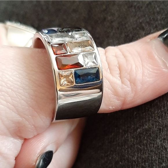 Silver solid titanium multi color Swarovski crystal boho ring sz 7 new - Picture 8 of 10